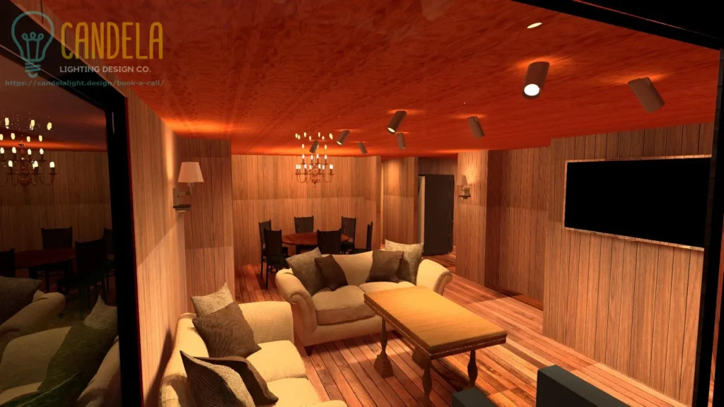 Vacation wood cabin indoor lighting design image render