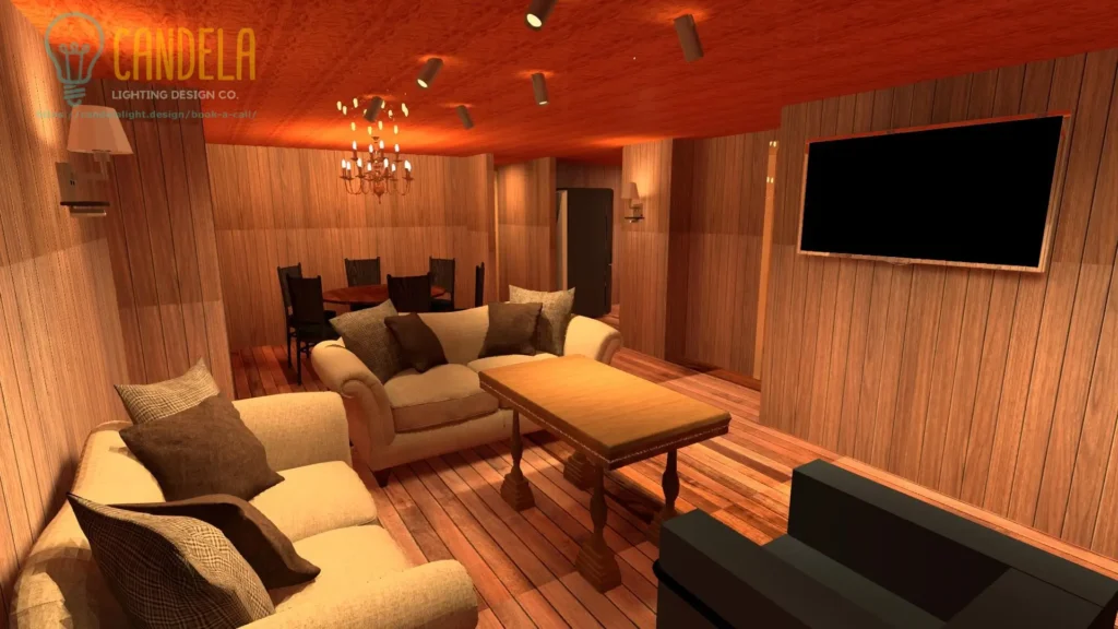 Vacation wood cabin living room lighting design image render