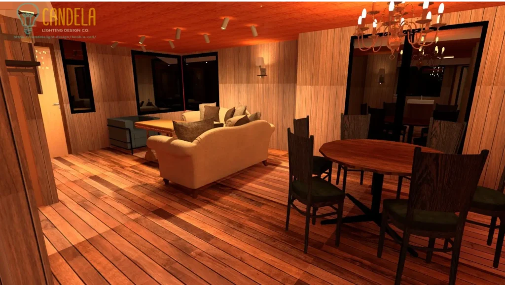 Vacation wood cabin indoor lighting design image render