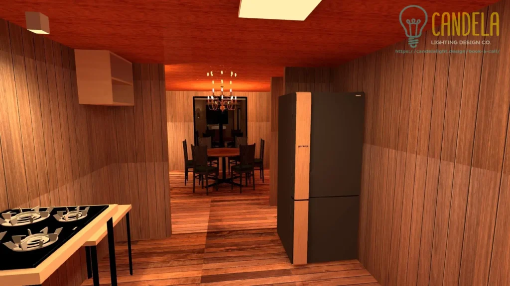 Vacation wood cabin indoor lighting design image render