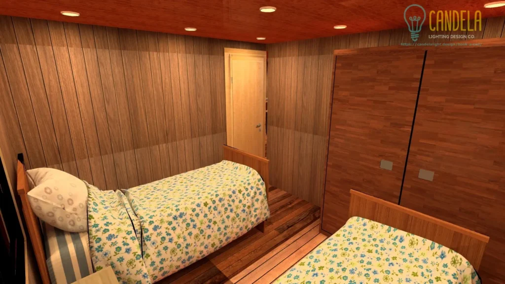 Vacation wood cabin indoor lighting design image render