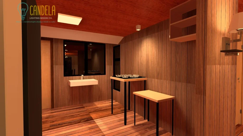 Vacation wood cabin indoor lighting design image render