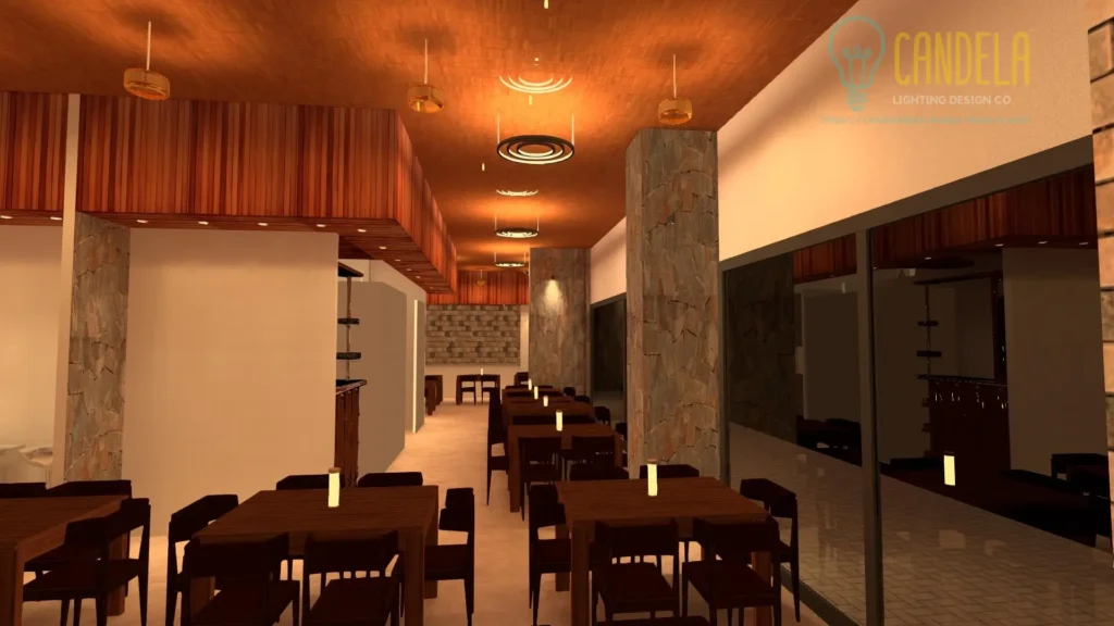 Restaurant dining area view 1 lighting design 3D render