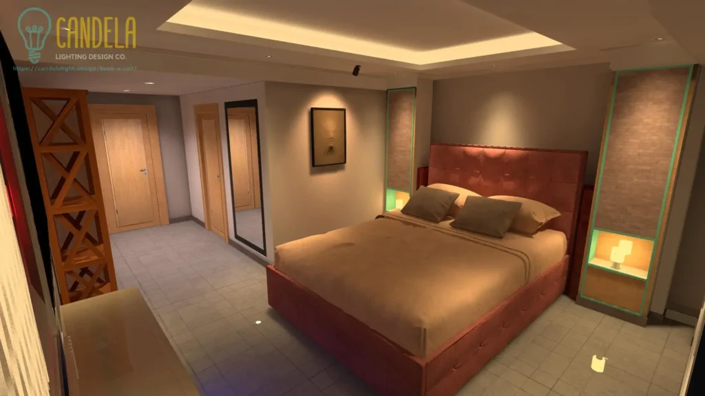 Modern bedroom interior lighting design 3D render