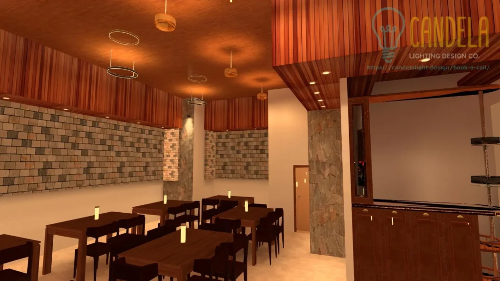 Restaurant dining area view 2 lighting design 3D render