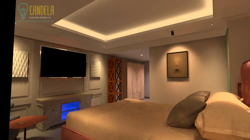 Modern bedroom interior lighting design 3D render