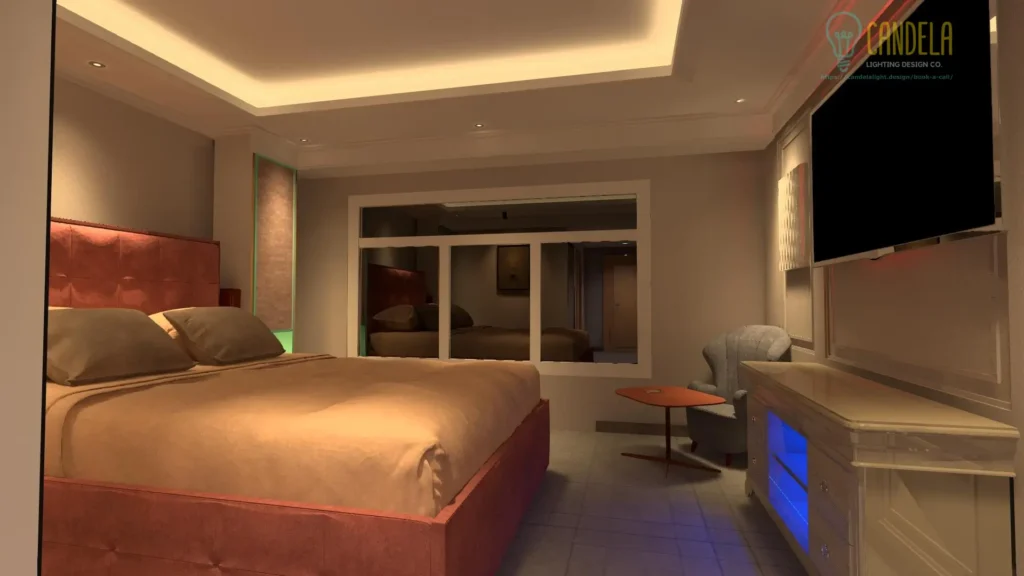 Modern bedroom interior lighting design 3D render