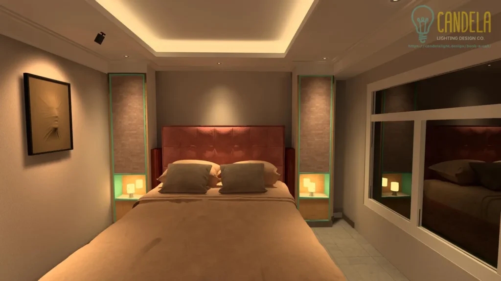 Modern bedroom interior lighting design 3D render