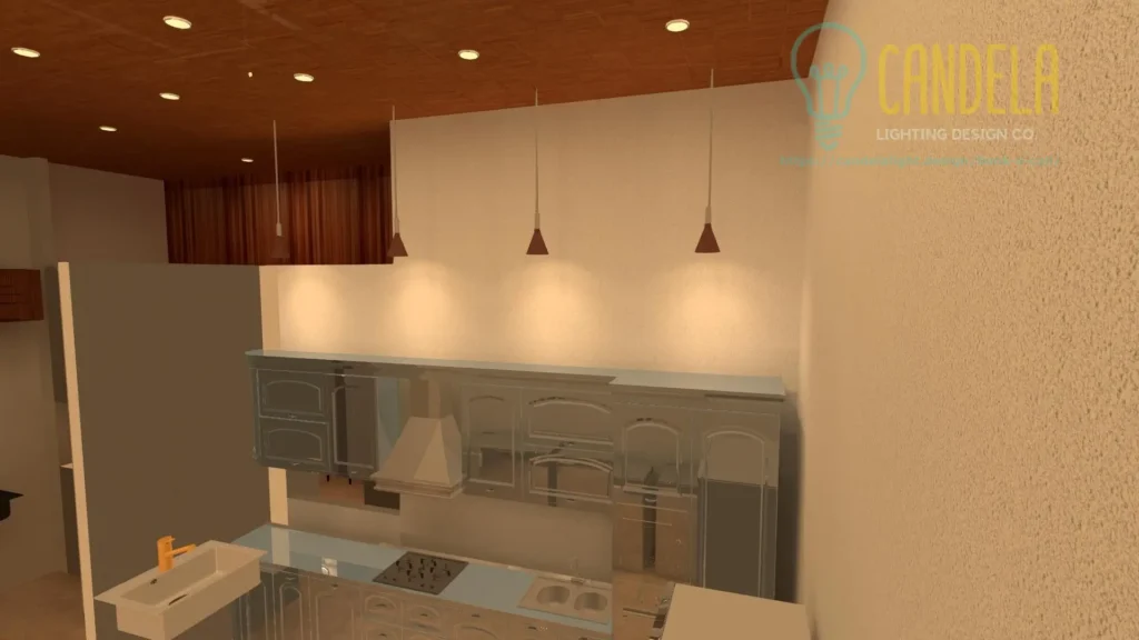 Restaurant kitchen area lighting design 3D render