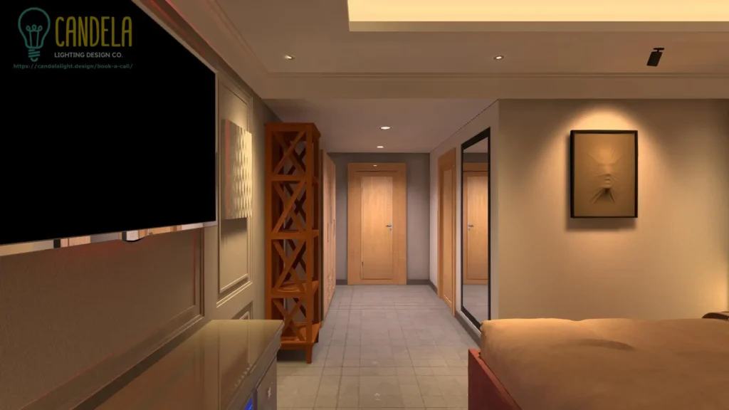 Modern bedroom interior lighting design 3D render