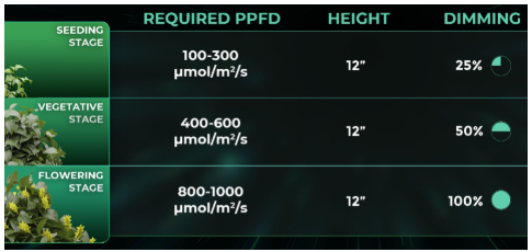 How PPFD varies at different dimming levels but fixed light height