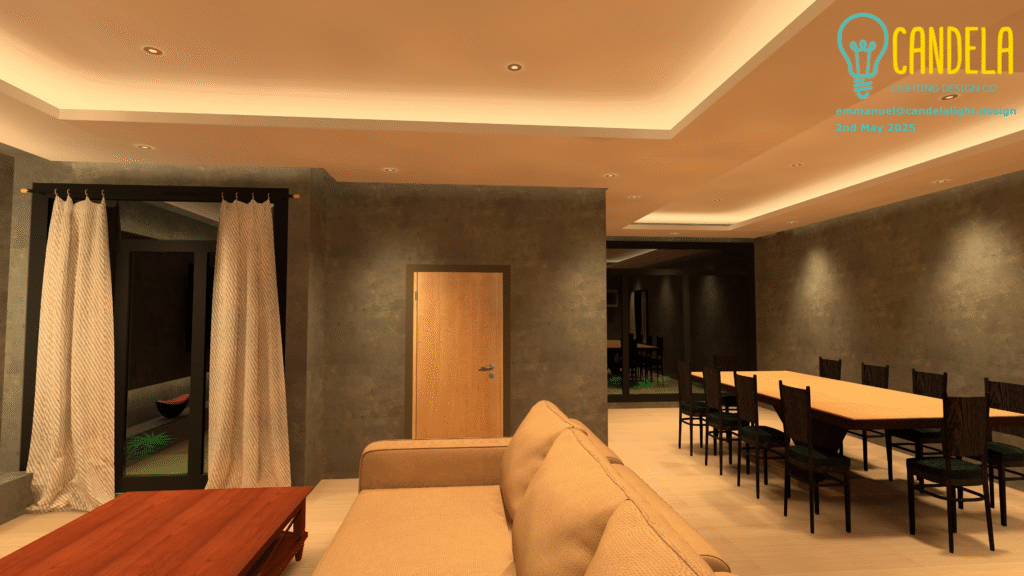 Recessed cove strip lights and downlights create warm, layered illumination, defining the distinct zones of this open-plan living space.