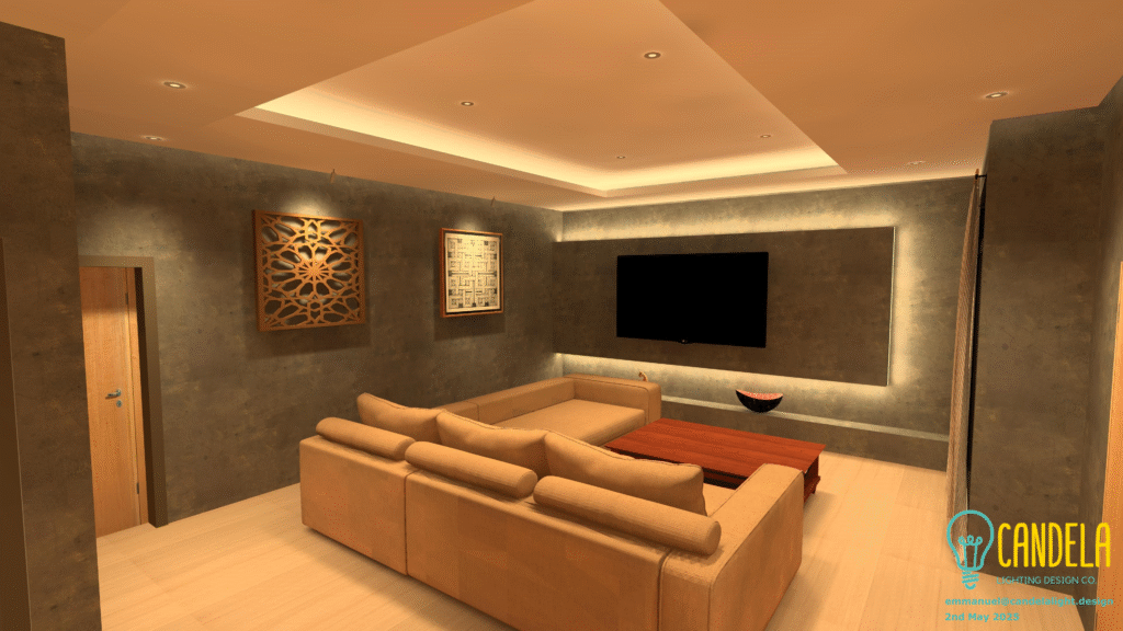 A layered lighting scheme, using recessed coves and backlighting, creates a warm and inviting modern living space.