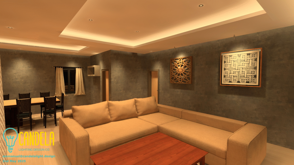 Another angle showing warm and inviting ambiance from layered cove lighting in this unified living & dining area.