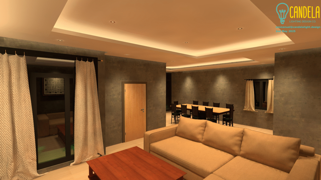 Warm ambient light from recessed coves and downlights creates a continuous, inviting flow throughout this modern open-concept space.