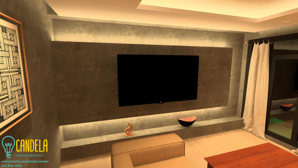 Warm backlighting creates a floating effect for the media wall while highlighting its modern, textured finish.